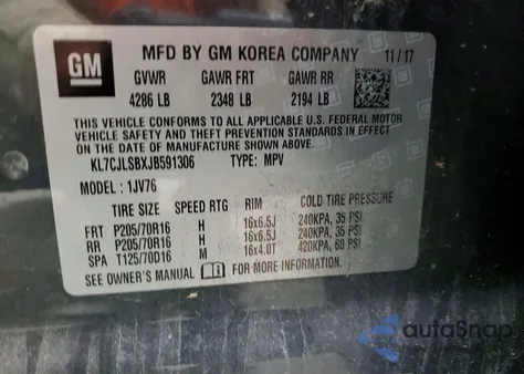 2018 Chevrolet Trax 1Lt из США, поврежденный, VIN KL7CJLSBXJB591306